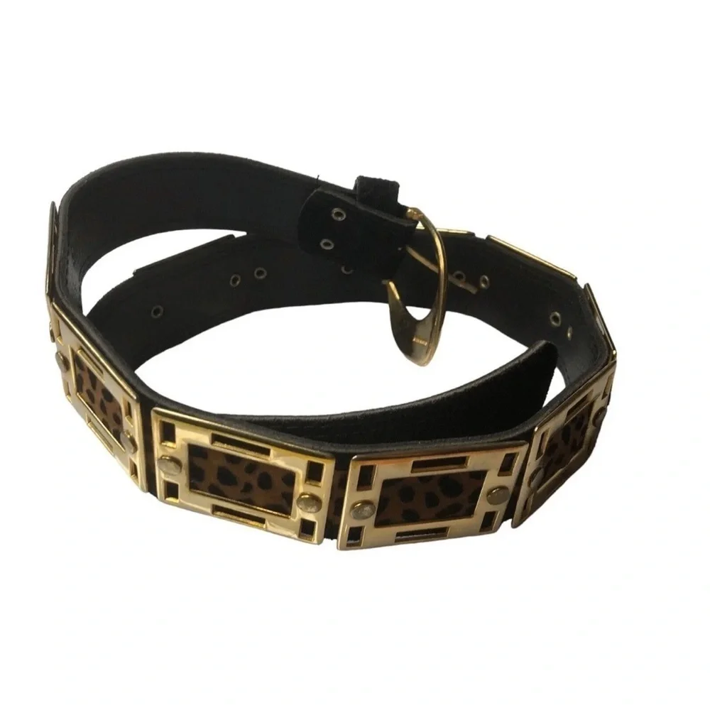 MVtg Benjo Womens Belt Black Leather Animal Print Gold Metal Squares Studs